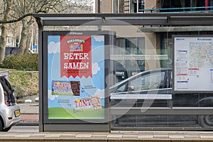 Billboard Tony's Chocolonely At A Tramstop At Amsterdam The Netherlands 9-2-2023