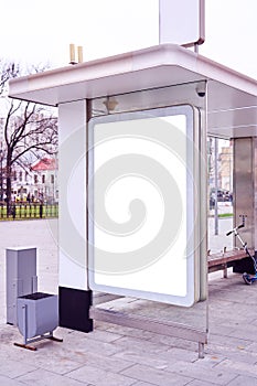 Billboard, vertical advertising city format in Moscow on public bus stop, mockup of a blank white poster