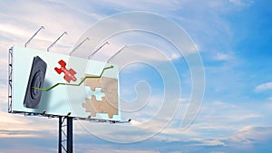 Billboard view of a piece of a jigsaw puzzle with growth text with graph arrow increases through a mobile phone screen