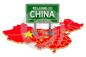 Billboard Welcome to China on Chinese map, 3D rendering