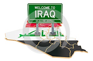 Billboard Welcome to Iraq on Iraqi map, 3D rendering
