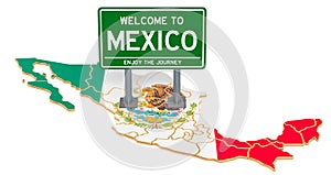 Billboard Welcome to Mexico on Mexican map, 3D rendering