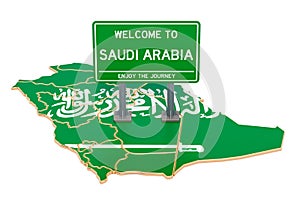 Billboard Welcome to Saudi Arabia on Saudi Arabian map, 3D rendering
