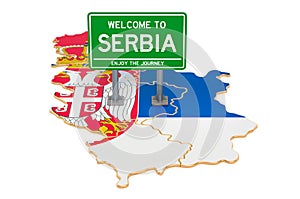 Billboard Welcome to Serbia on Serbian map, 3D rendering