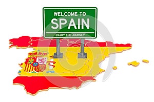 Billboard Welcome to Spain on Spanish map, 3D rendering