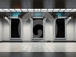 Billboards on underground wall Mockup. Vertical hoardings template in subway station. Generative Ai