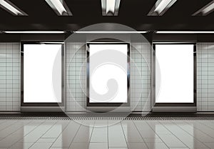 Billboards on underground wall Mockup. Vertical hoardings template in subway station. Generative Ai