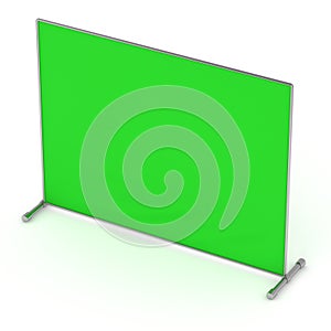 Billet press wall with green screen banner.