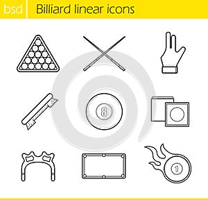 Billiard accessories linear icons set