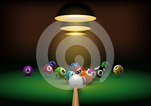 Billiard background with realistic cue hit gaming balls. Billiard room with green table and lights. Snooker or pool