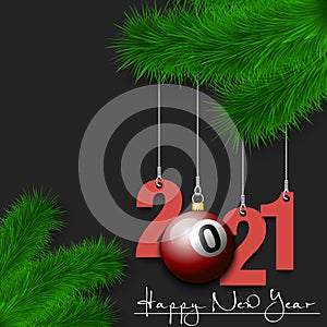 Billiard ball and 2021 on a Christmas tree branch