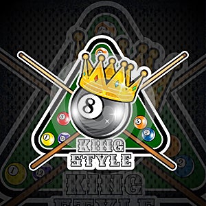 Billiard ball with crown and pyramyd gren table with crossed cues. Sport logo for any team photo