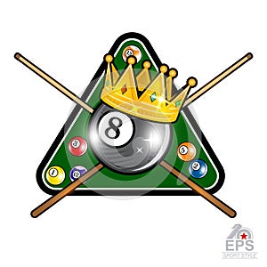 Billiard ball with crown and pyramyd gren table with crossed cues on whit. Sport logo for any team