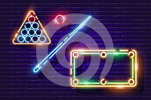 Billiard ball, cue and table neon icon. Vector illustration for design. Sports concept. Signboard for pool club