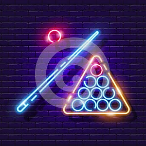 Billiard ball, cue and table neon icon. Vector illustration for design. Sports concept. Signboard for pool club