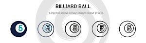 Billiard ball icon in filled, thin line, outline and stroke style. Vector illustration of two colored and black billiard ball