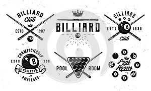 Billiard, 8-ball logo set. 6 billiard emblems with cue, balls, crown and banner icons.