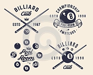 Billiard, 8-ball logo set. 4 billiard related labels, badges, emblems.