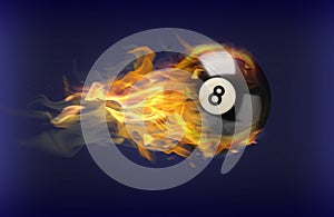 Billiard ball with number 8 in fire flying on blue background