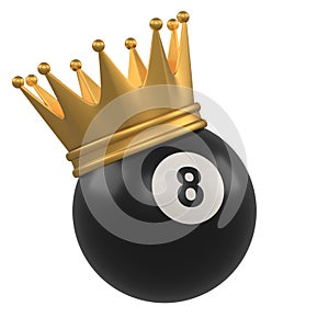 Billiard ball number eight black color wearing a gold crown isolated on white background