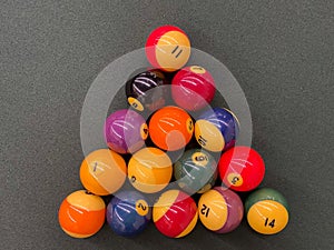 Billiard balls for American billiards. Pool balls. Billiard snooker pyramid. American pool. Pool game on table.