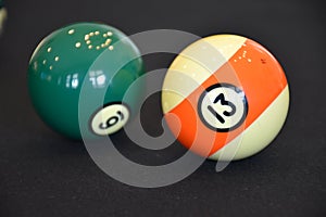 Billiard balls in a Black billiard pool table, focused on 13 ball