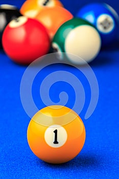 Billiard balls in a blue pool table.