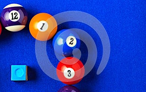 Billiard balls in a blue pool table.