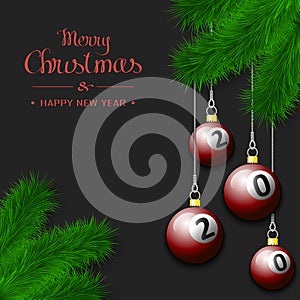 Billiard balls on a Christmas tree branch