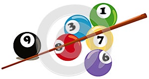 Billiard balls and cue