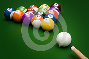 Billiard balls with cue, 3D rendering