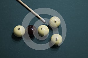 Billiard balls and cue. Number 2018 and 2019 from billiard balls