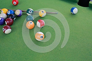 Billiard balls on a green billiard table