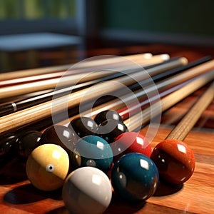 Billiard balls on green billiard table with shallow depth of field