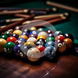 Billiard balls on green billiard table with shallow depth of field