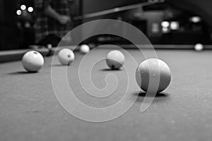 Billiard balls on green cloth in black and white