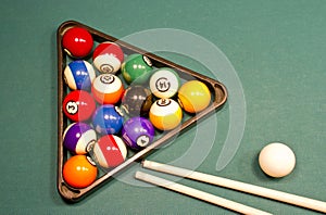 Billiard balls on green pool table