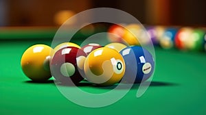 Billiard balls in a green pool table, billiard game. Generative AI