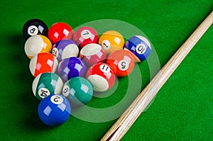 Billiard balls on green table with billiard cue, Snooker,