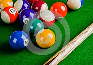 Billiard balls on green table with billiard cue, Snooker,