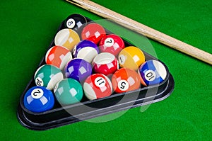 Billiard balls on green table with billiard cue, Snooker, Pool.