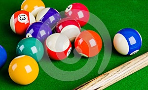 Billiard balls on green table with billiard cue, Snooker, Pool.