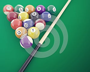 Billiard balls on the green table, with cue. 3d illustration