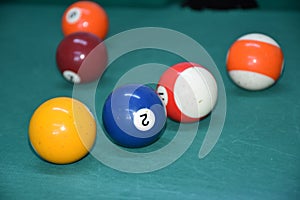 Billiard balls on the green table isolated