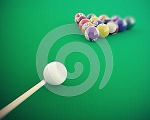 Billiard balls before hitting on a green billiard table. 3d illustration high resolution