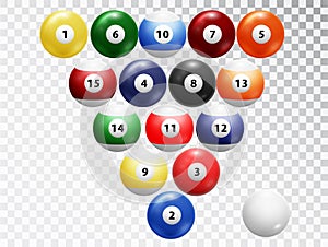 Billiard balls isolated. Glossy shiny Balls collection. Assorted billiard balls isolated on transparent background