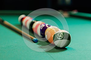 Billiard balls are lined up on a billiard table, American billiards. Sports games, outdoor activities