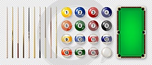 Billiard balls with numbers, various cues and green pool table. Glossy snooker ball. Sports equipment, recreation and