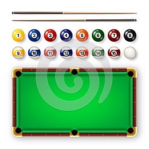 Billiard balls with numbers, various cues and green pool table. Glossy snooker ball. Sports equipment, recreation and