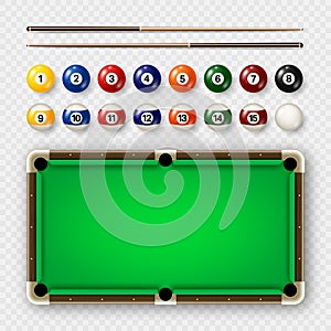 Billiard balls with numbers, various cues and green pool table. Glossy snooker ball. Sports equipment, recreation and